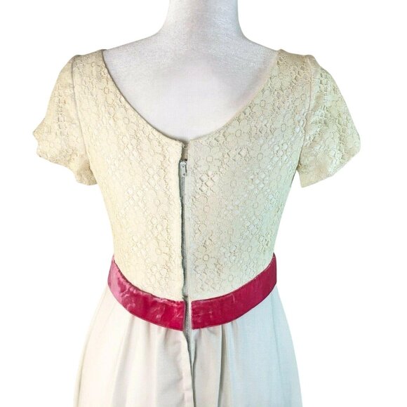 Vintage White Lace Maxi Dress Pink Velvet Waist Cap Sleeves Elegant Formal Wear - Picture 6 of 12